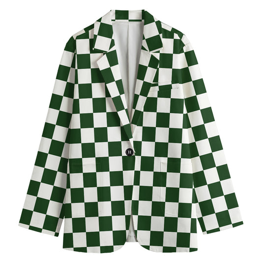 Forest Green And White Checkered Print Women's Cotton Blazer
