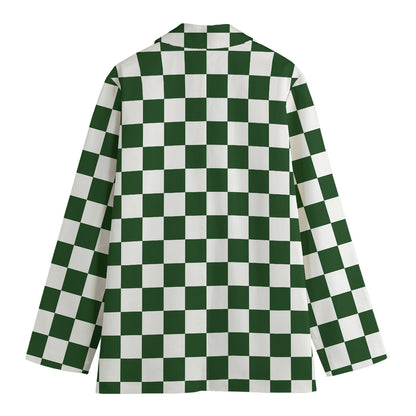 Forest Green And White Checkered Print Women's Cotton Blazer