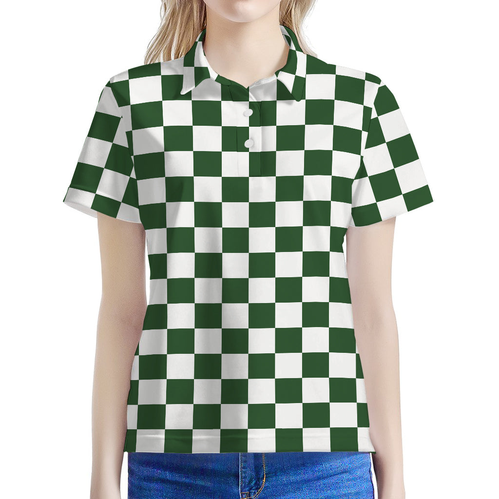 Forest Green And White Checkered Print Women's Polo Shirt