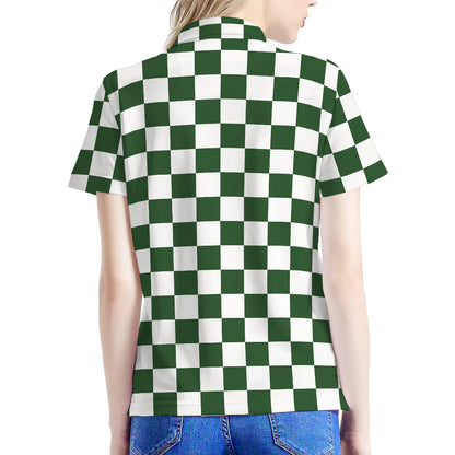 Forest Green And White Checkered Print Women's Polo Shirt