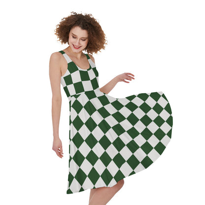 Forest Green And White Checkered Print Women's Sleeveless Dress