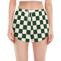Forest Green And White Checkered Print Women's Split Running Shorts