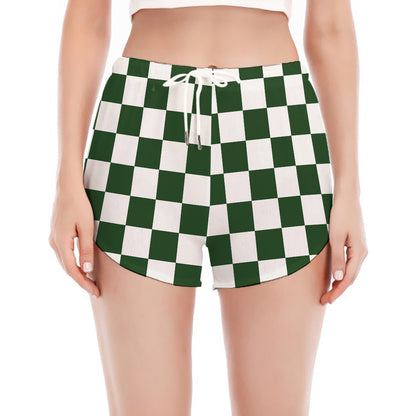 Forest Green And White Checkered Print Women's Split Running Shorts