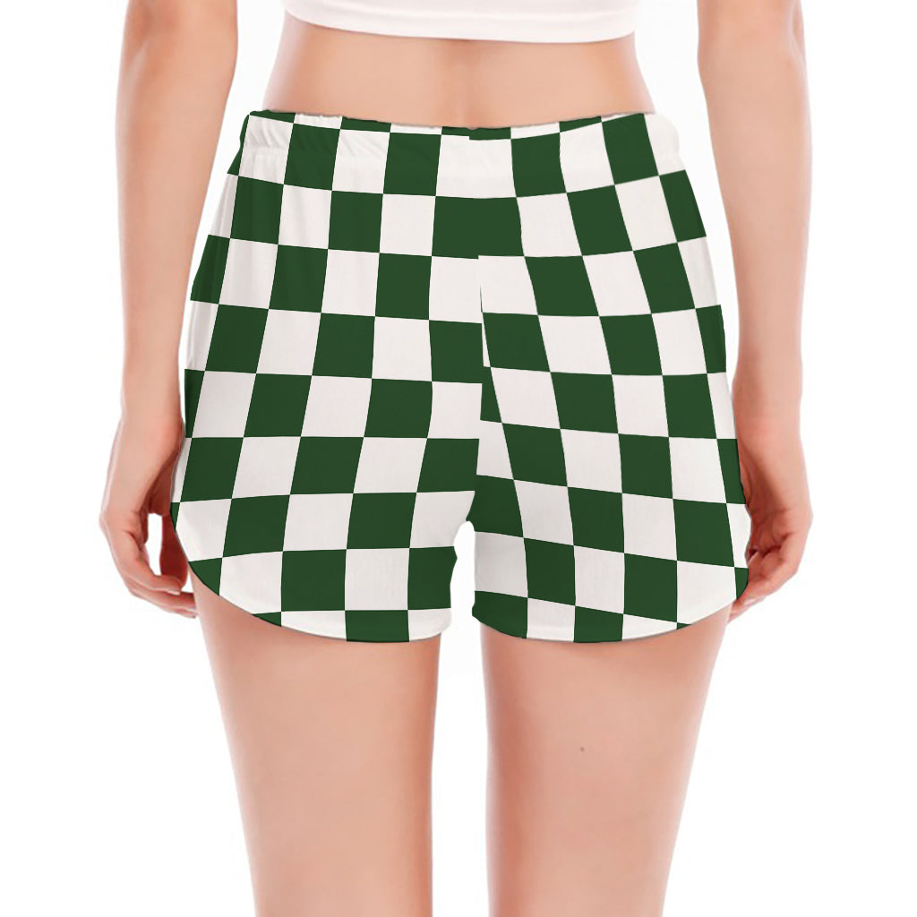 Forest Green And White Checkered Print Women's Split Running Shorts