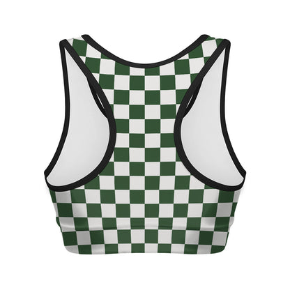 Forest Green And White Checkered Print Women's Sports Bra