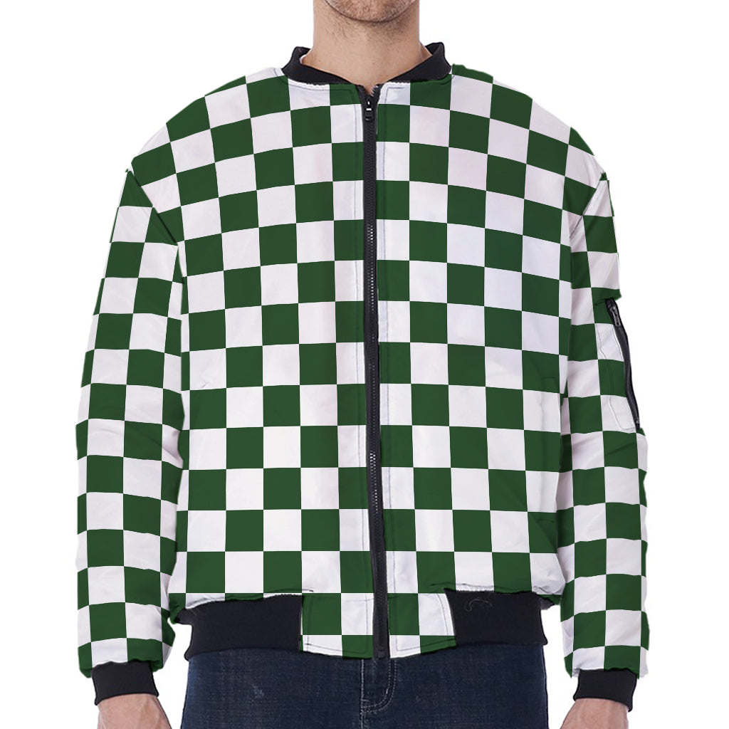 Forest Green And White Checkered Print Zip Sleeve Bomber Jacket