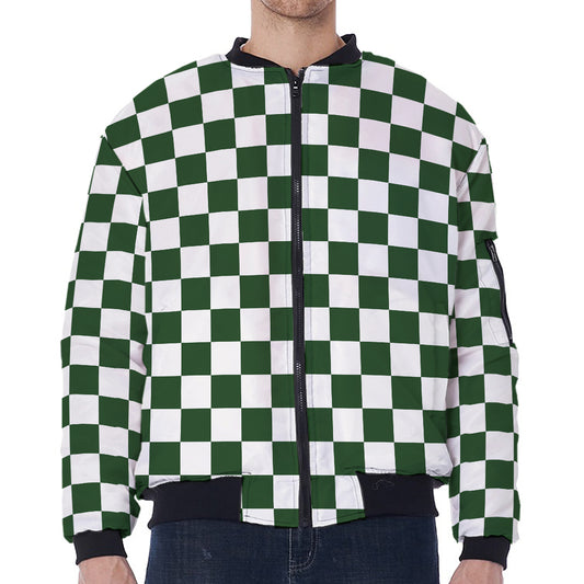 Forest Green And White Checkered Print Zip Sleeve Bomber Jacket