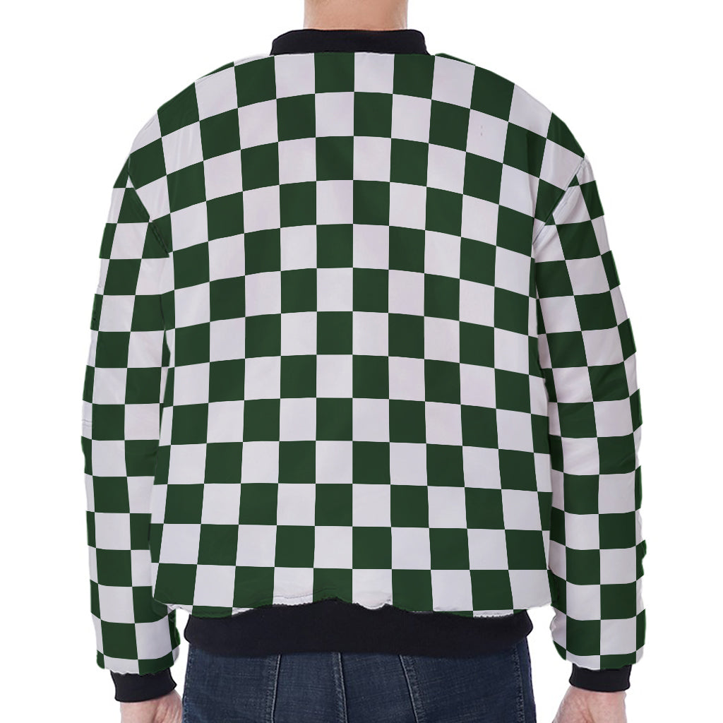 Forest Green And White Checkered Print Zip Sleeve Bomber Jacket