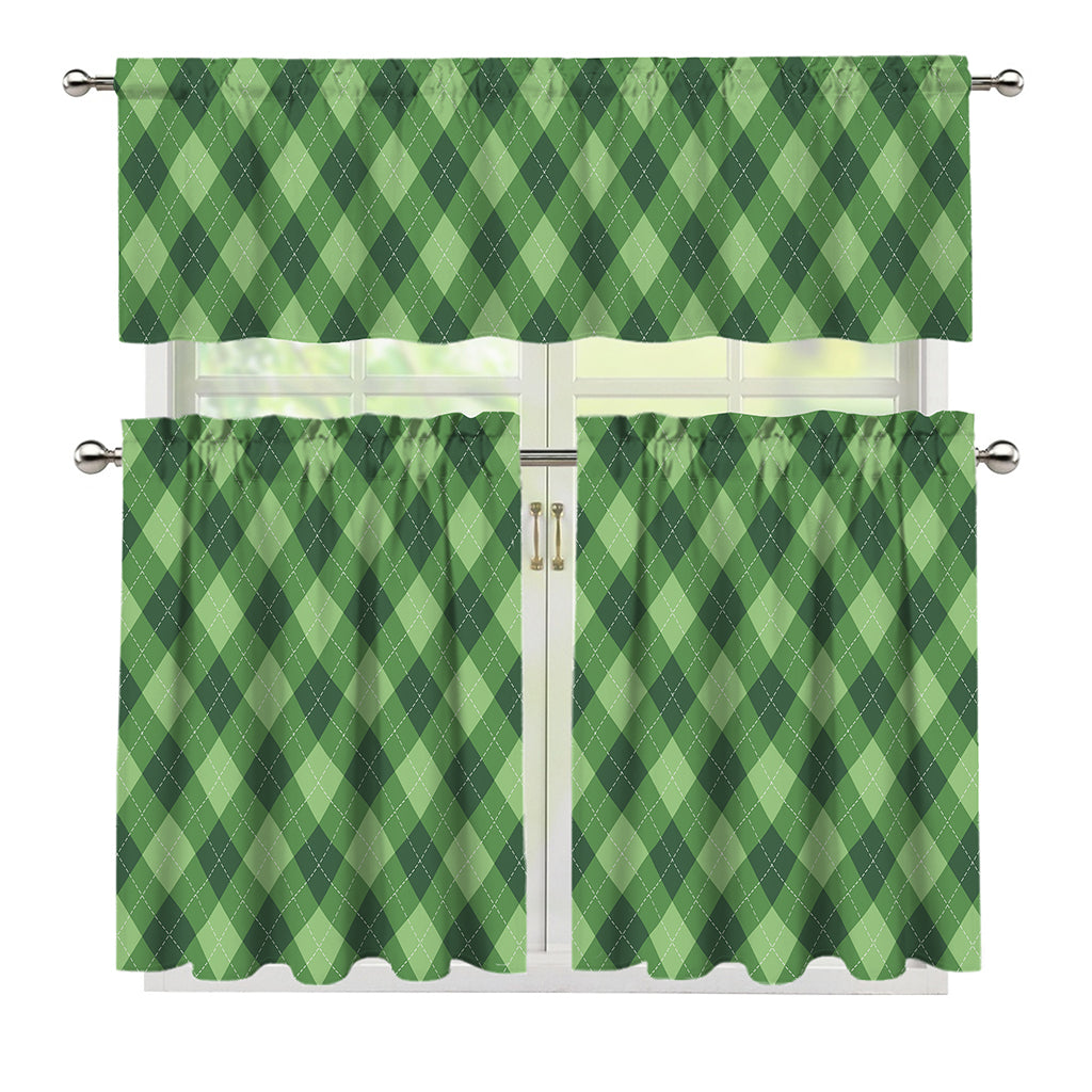 Forest Green Argyle Pattern Print 3 Piece Kitchen Curtains