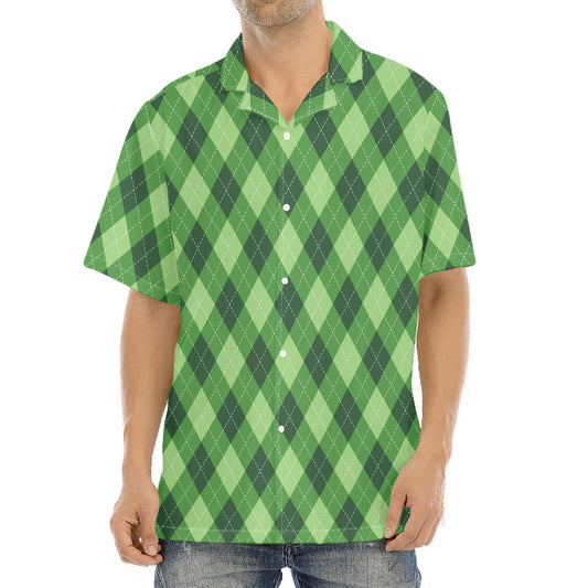 Forest Green Argyle Pattern Print Aloha Shirt