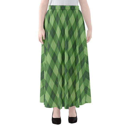 Forest Green Argyle Pattern Print Chiffon Maxi Skirt