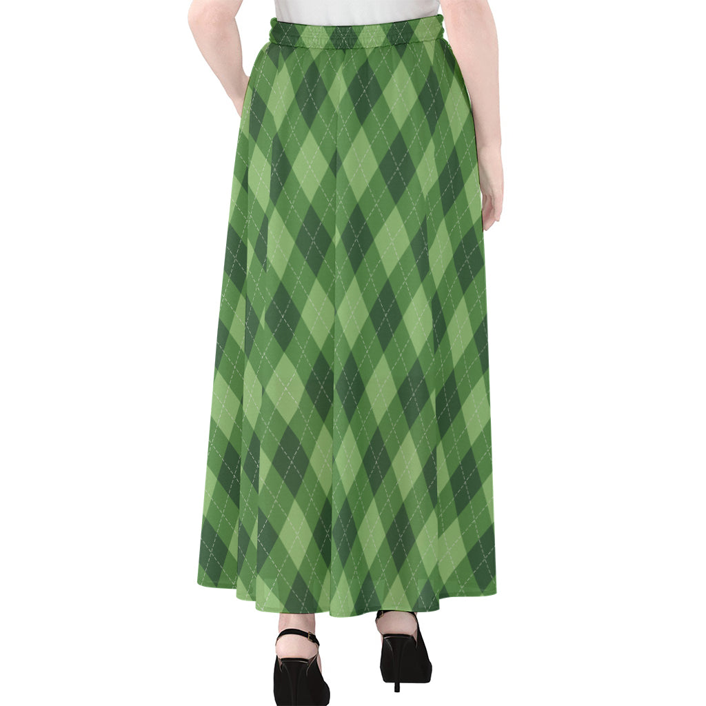 Forest Green Argyle Pattern Print Chiffon Maxi Skirt