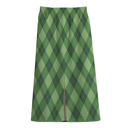 Forest Green Argyle Pattern Print Cotton Front Slit Maxi Skirt