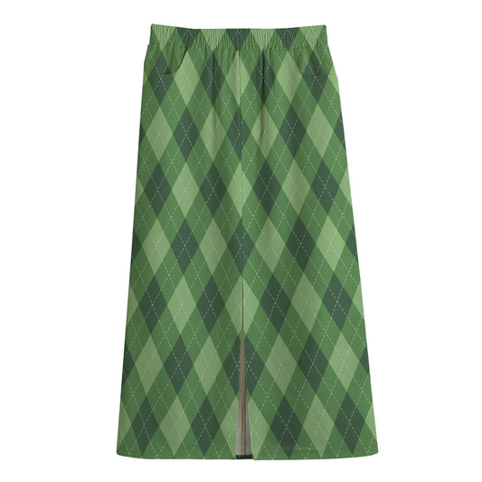 Forest Green Argyle Pattern Print Cotton Front Slit Maxi Skirt