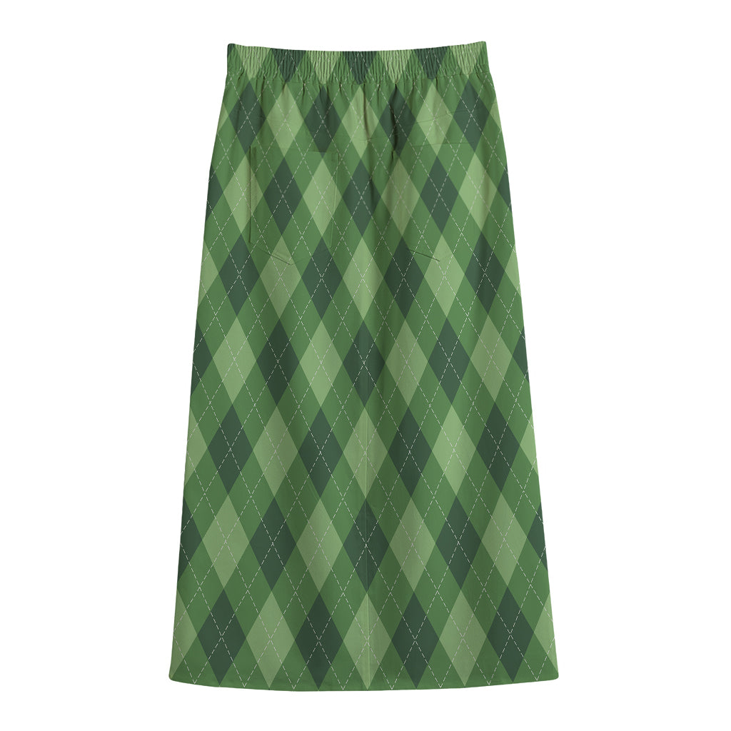 Forest Green Argyle Pattern Print Cotton Front Slit Maxi Skirt