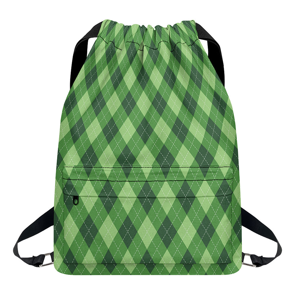 Forest Green Argyle Pattern Print Drawstring Backpack