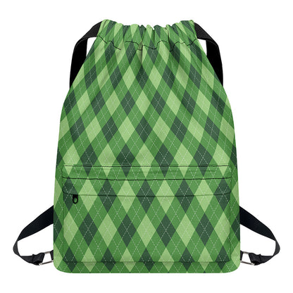 Forest Green Argyle Pattern Print Drawstring Backpack