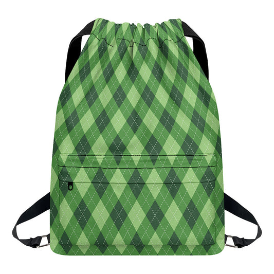 Forest Green Argyle Pattern Print Drawstring Backpack
