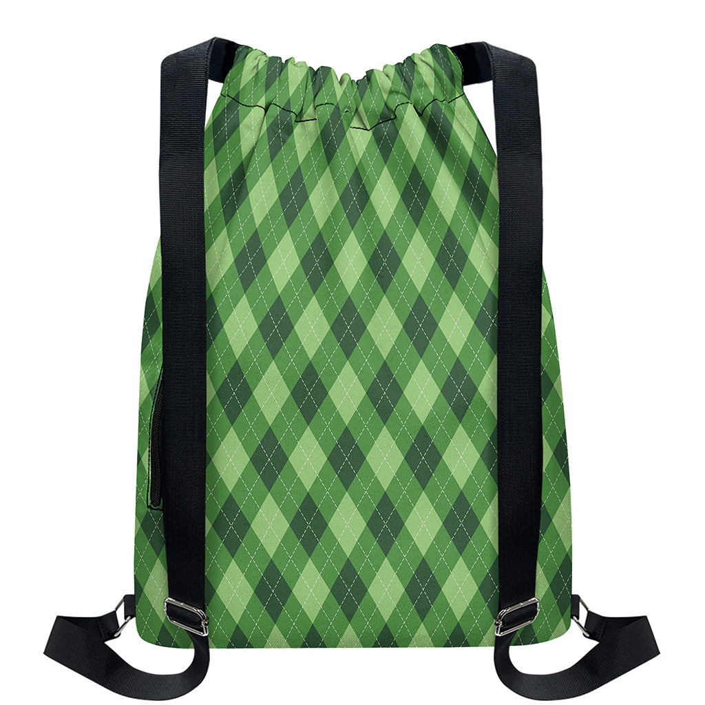 Forest Green Argyle Pattern Print Drawstring Backpack