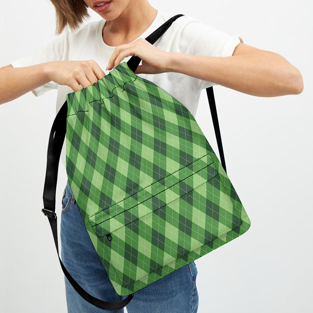 Forest Green Argyle Pattern Print Drawstring Backpack