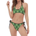 Forest Green Argyle Pattern Print Halter Scoop Tie Side Bikini