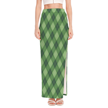 Forest Green Argyle Pattern Print High Slit Maxi Skirt