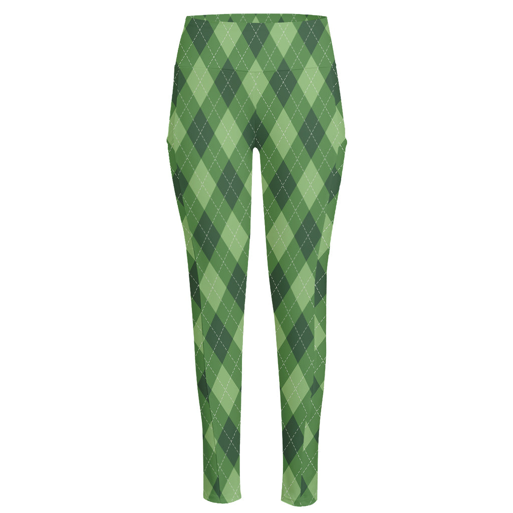 Forest Green Argyle Pattern Print High-Waisted Pocket Leggings