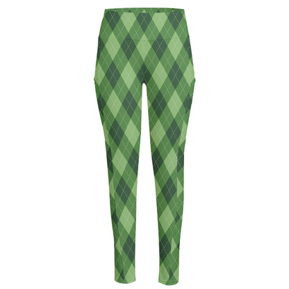 Forest Green Argyle Pattern Print High-Waisted Pocket Leggings