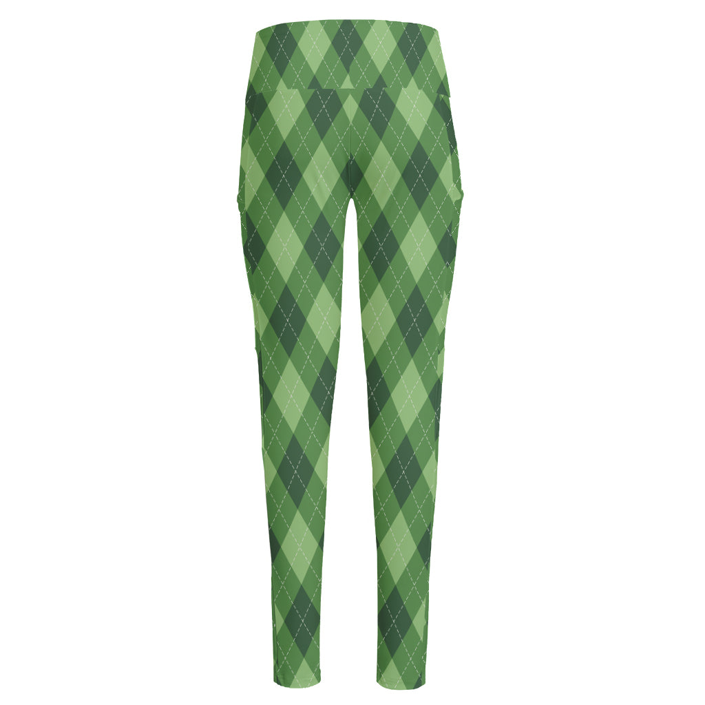 Forest Green Argyle Pattern Print High-Waisted Pocket Leggings
