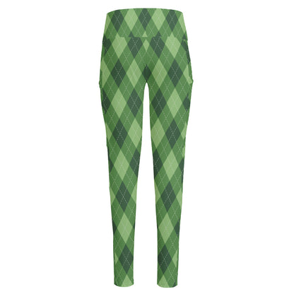 Forest Green Argyle Pattern Print High-Waisted Pocket Leggings