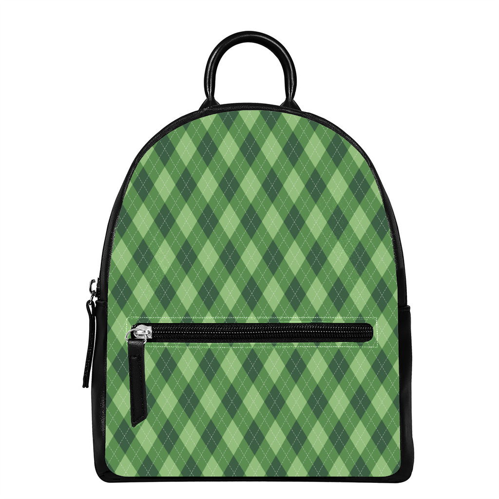 Forest Green Argyle Pattern Print Leather Backpack