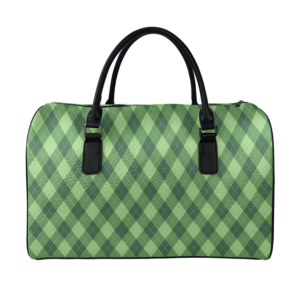 Forest Green Argyle Pattern Print Leather Duffle Bag
