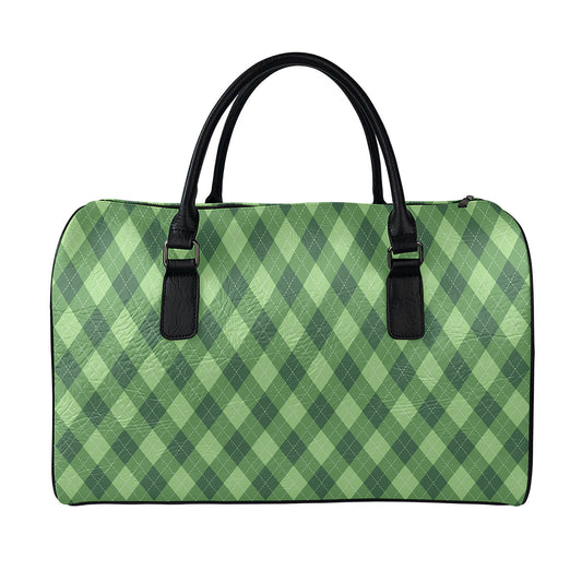 Forest Green Argyle Pattern Print Leather Duffle Bag