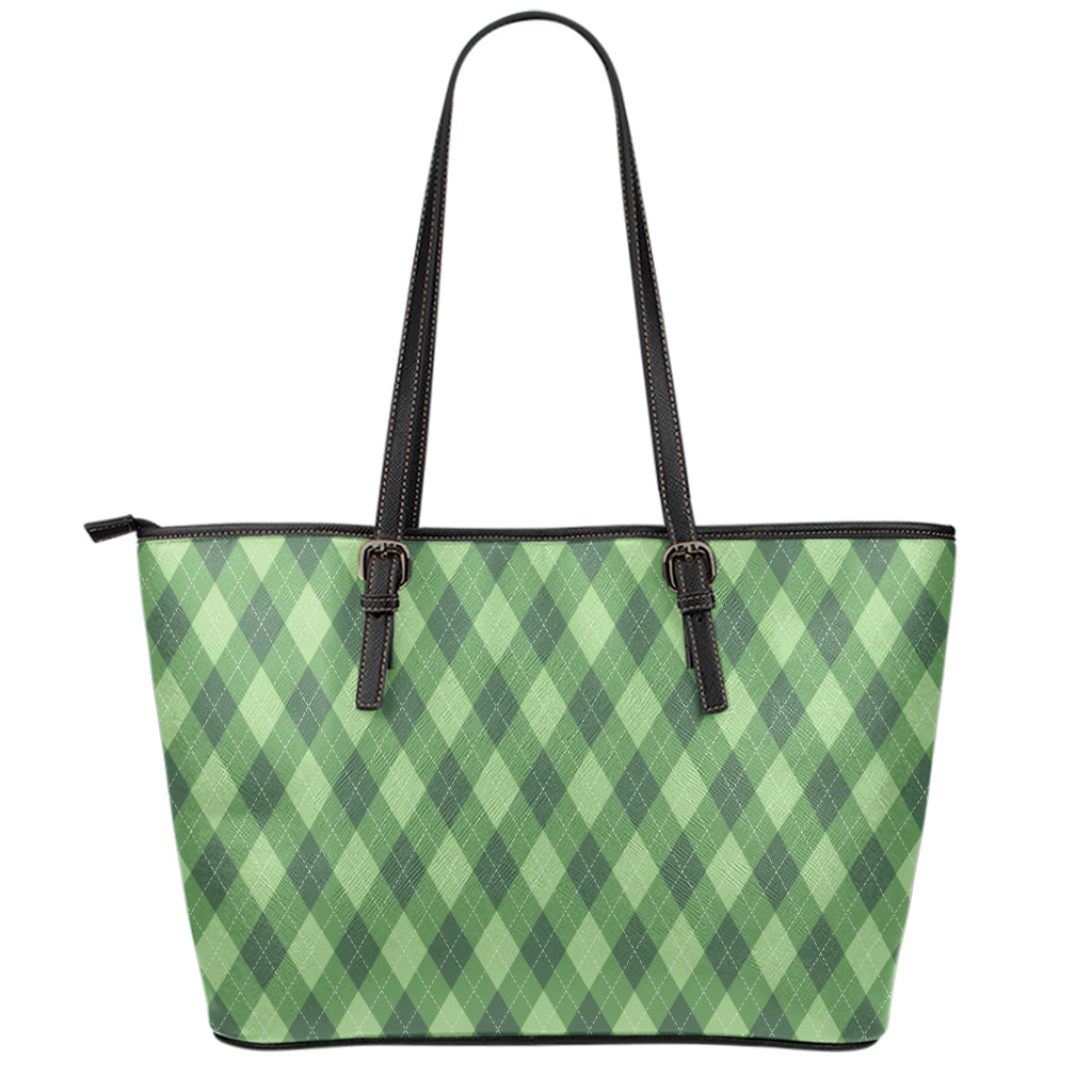 Forest Green Argyle Pattern Print Leather Tote Bag