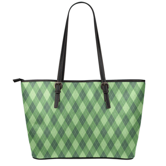 Forest Green Argyle Pattern Print Leather Tote Bag