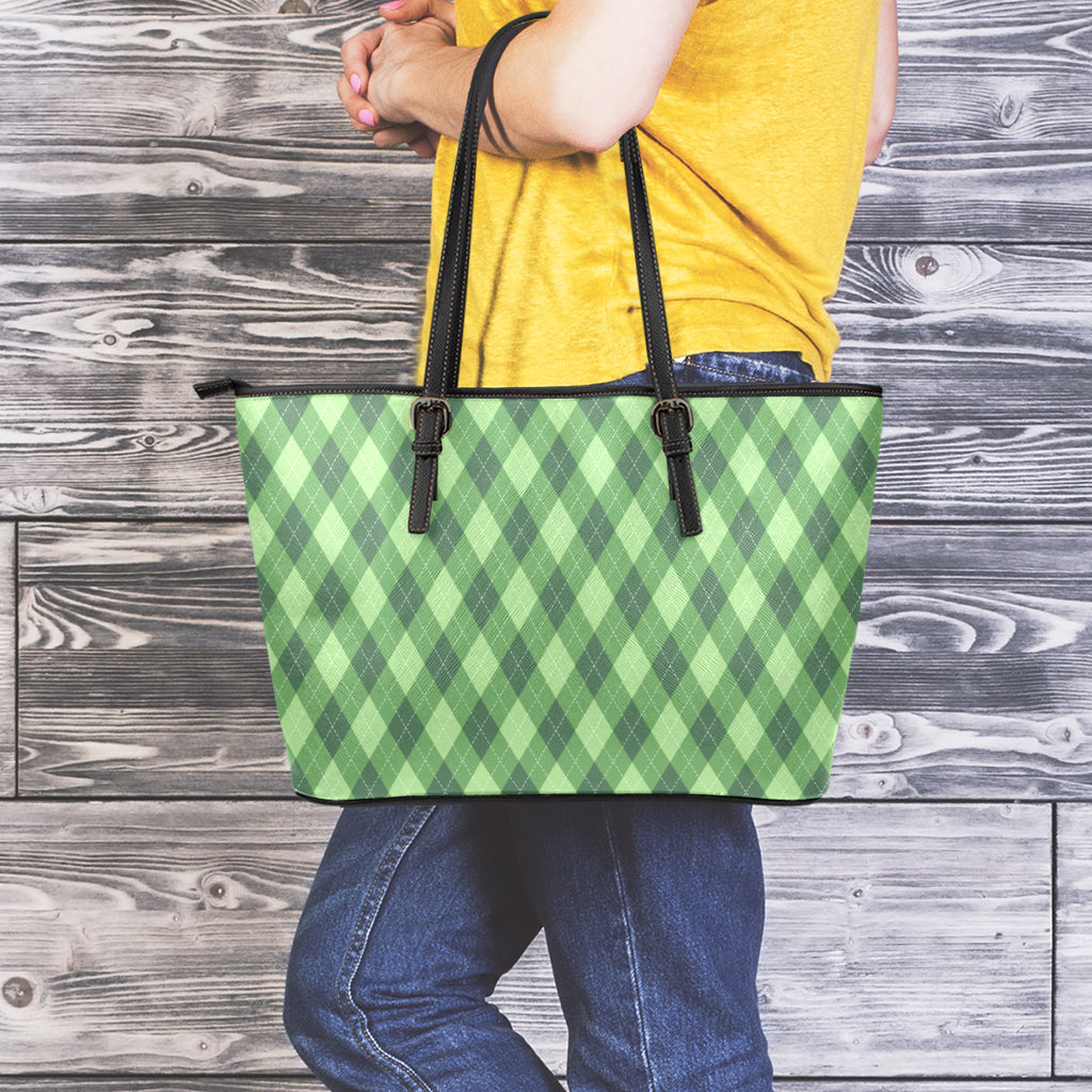 Forest Green Argyle Pattern Print Leather Tote Bag