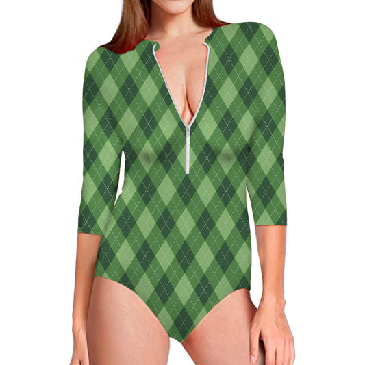 Forest Green Argyle Pattern Print Long Sleeve Swimsuit