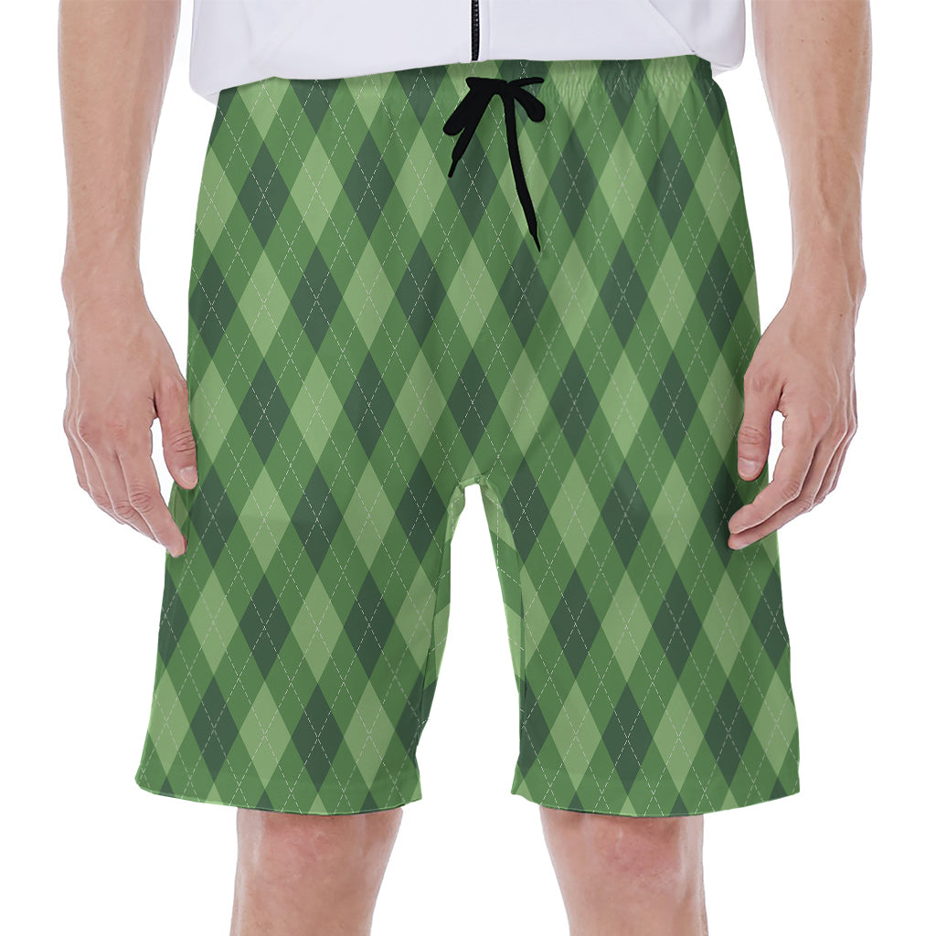 Forest Green Argyle Pattern Print Men's Beach Shorts