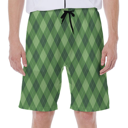 Forest Green Argyle Pattern Print Men's Beach Shorts