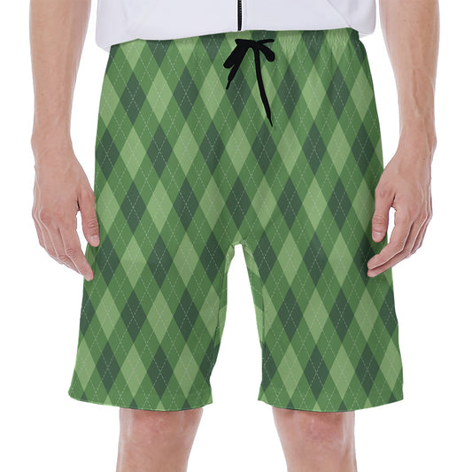 Forest Green Argyle Pattern Print Men's Beach Shorts