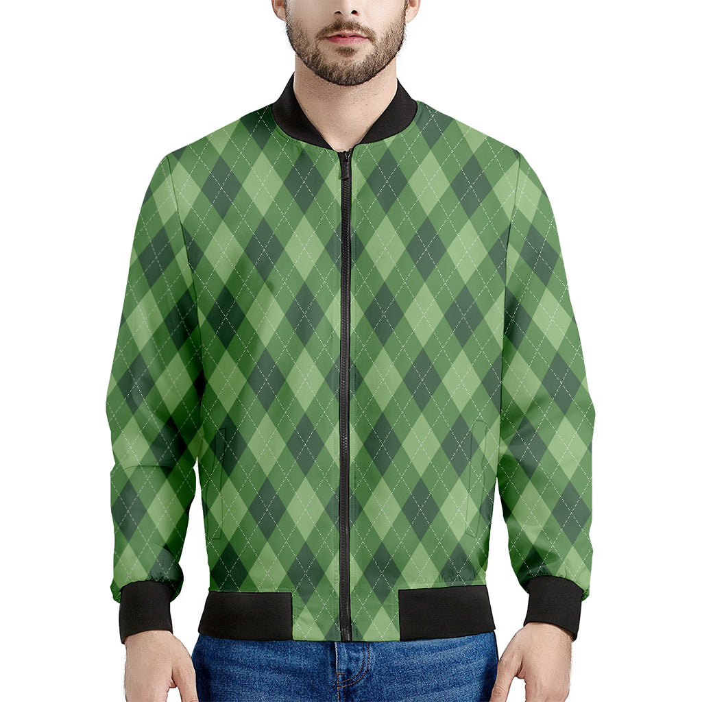 Forest Green Argyle Pattern Print Men's Bomber Jacket