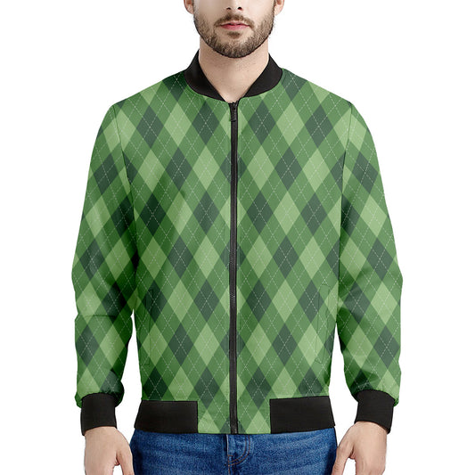 Forest Green Argyle Pattern Print Men's Bomber Jacket