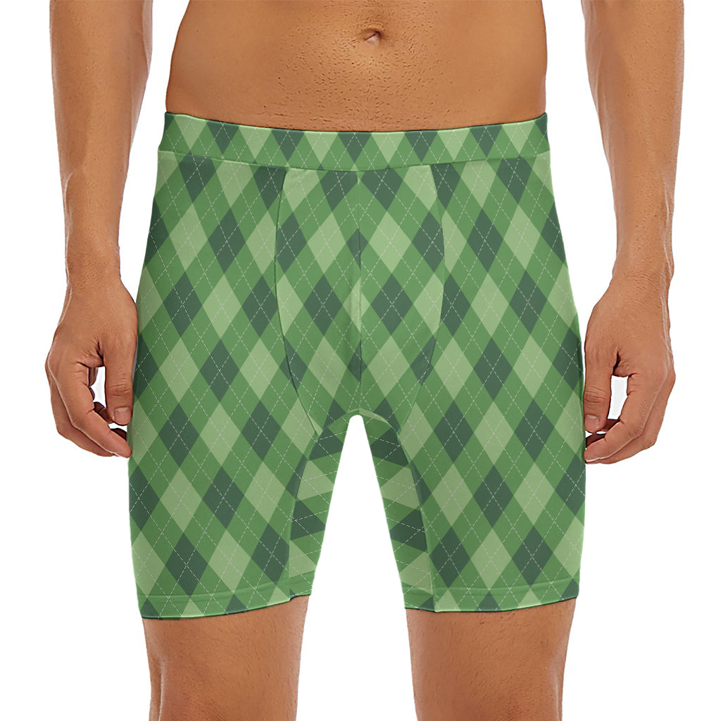 Forest Green Argyle Pattern Print Men's Long Boxer Briefs