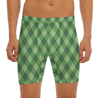 Forest Green Argyle Pattern Print Men's Long Boxer Briefs