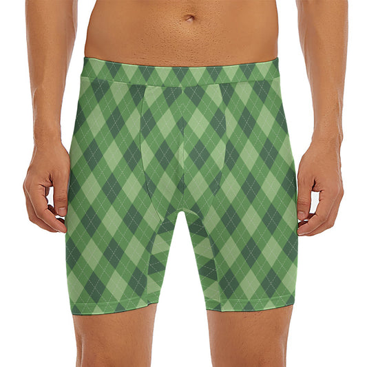 Forest Green Argyle Pattern Print Men's Long Boxer Briefs