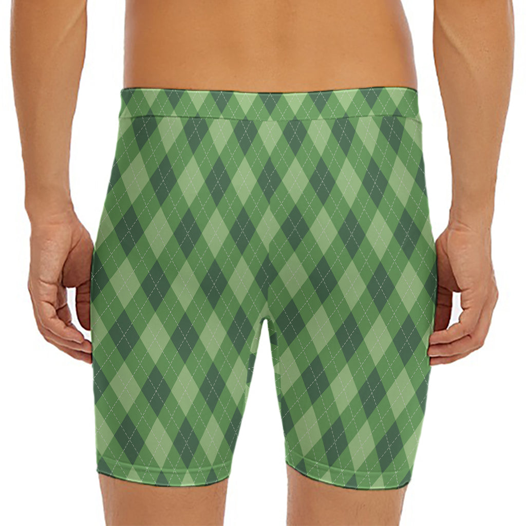 Forest Green Argyle Pattern Print Men's Long Boxer Briefs