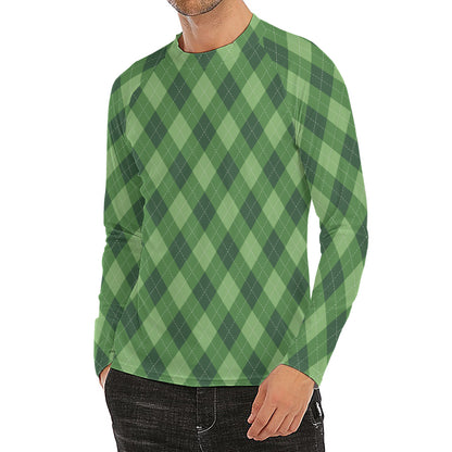 Forest Green Argyle Pattern Print Men's Long Sleeve Rash Guard