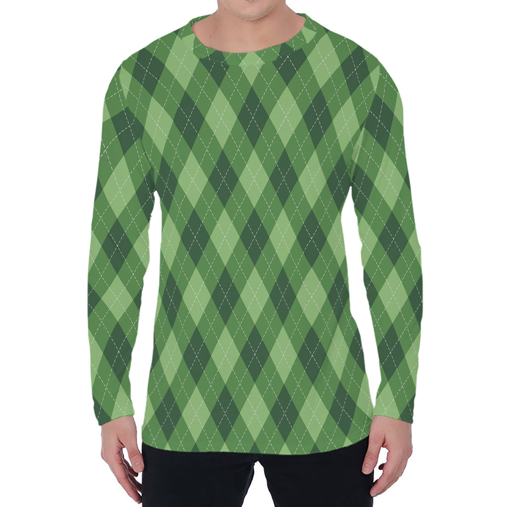 Forest Green Argyle Pattern Print Men's Long Sleeve T-Shirt