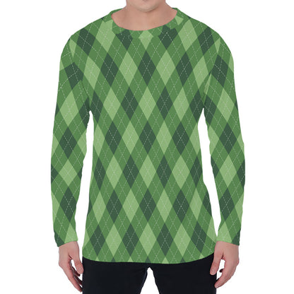 Forest Green Argyle Pattern Print Men's Long Sleeve T-Shirt