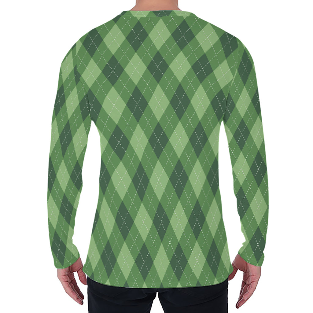 Forest Green Argyle Pattern Print Men's Long Sleeve T-Shirt